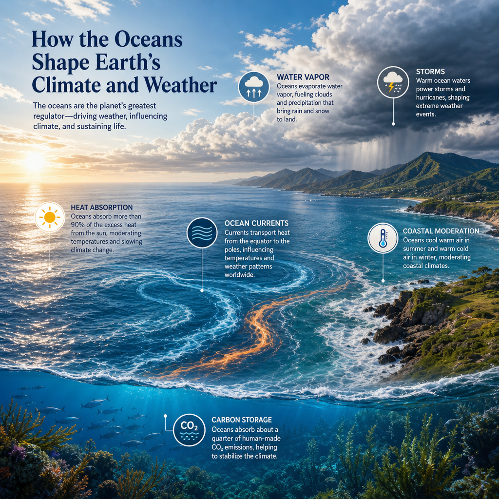 Infographic showing how oceans affect climate and weather through heat, currents, storms, vapor, and carbon storage.