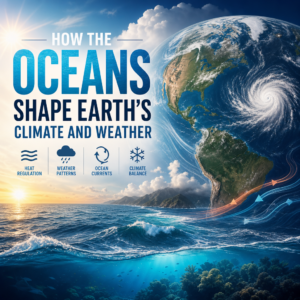 Illustration of ocean currents moving heat around Earth, shaping weather and climate.