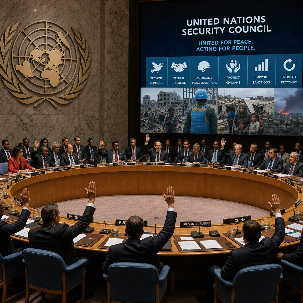 UN Security Council members voting during a formal meeting on global peace and security