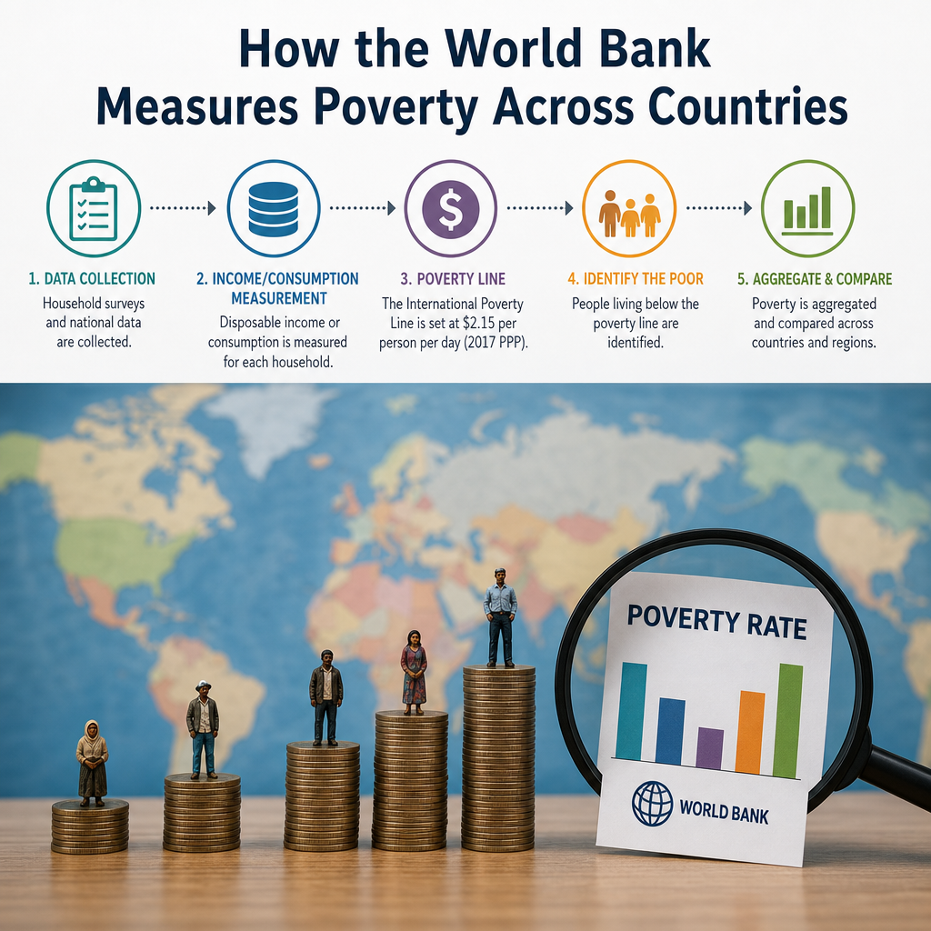 Infographic showing how the World Bank measures poverty across countries using income data, poverty lines, and aggregation