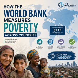 Infographic on World Bank global poverty measurement using standardized poverty lines and purchasing power parity
