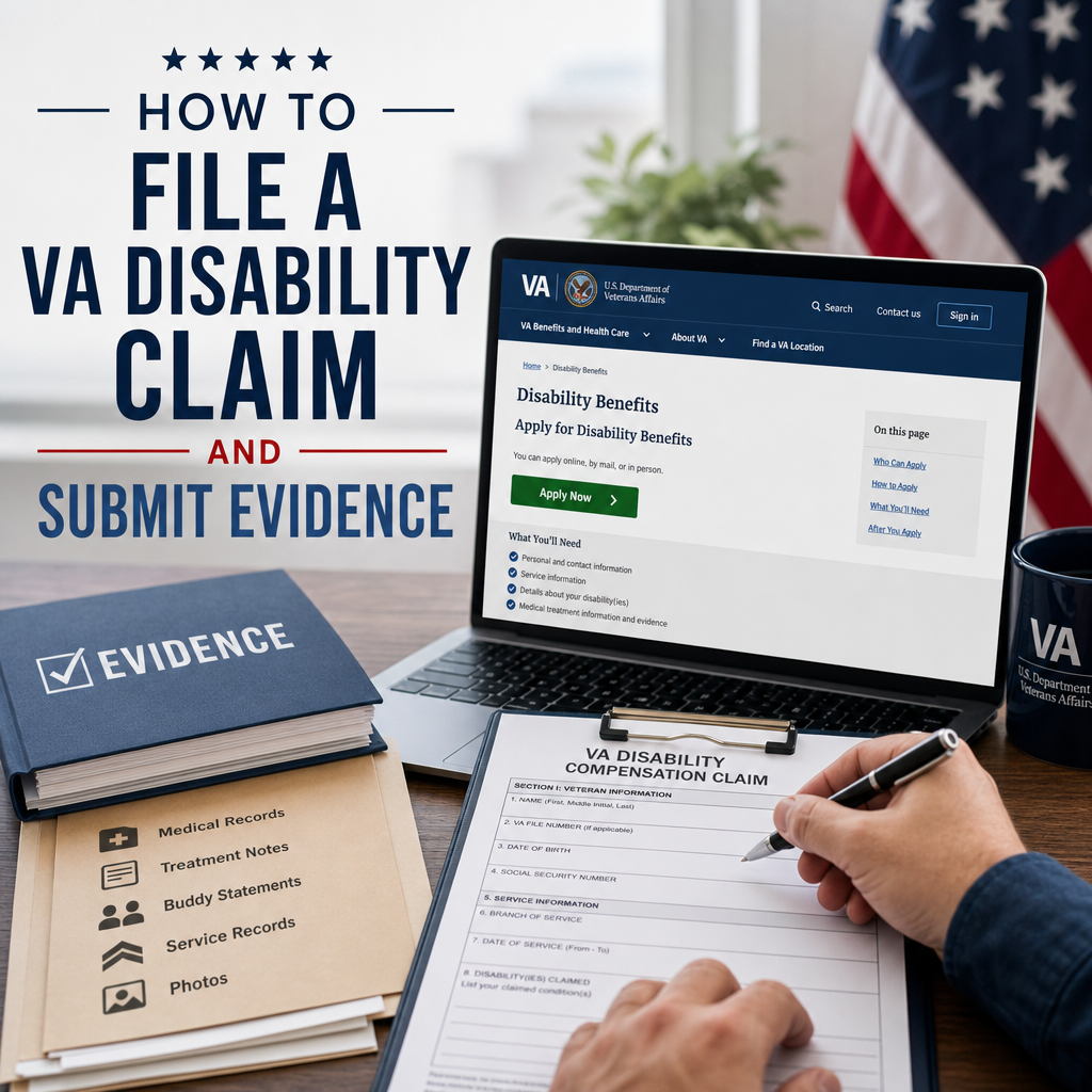Online VA disability claim form with supporting documents and evidence folder