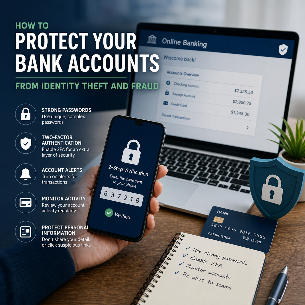 Strong passwords, two-factor authentication, account alerts, and monitoring to protect bank accounts