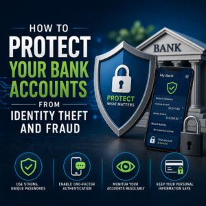 Person securing bank account with password, 2FA, monitoring alerts, and identity protection icons