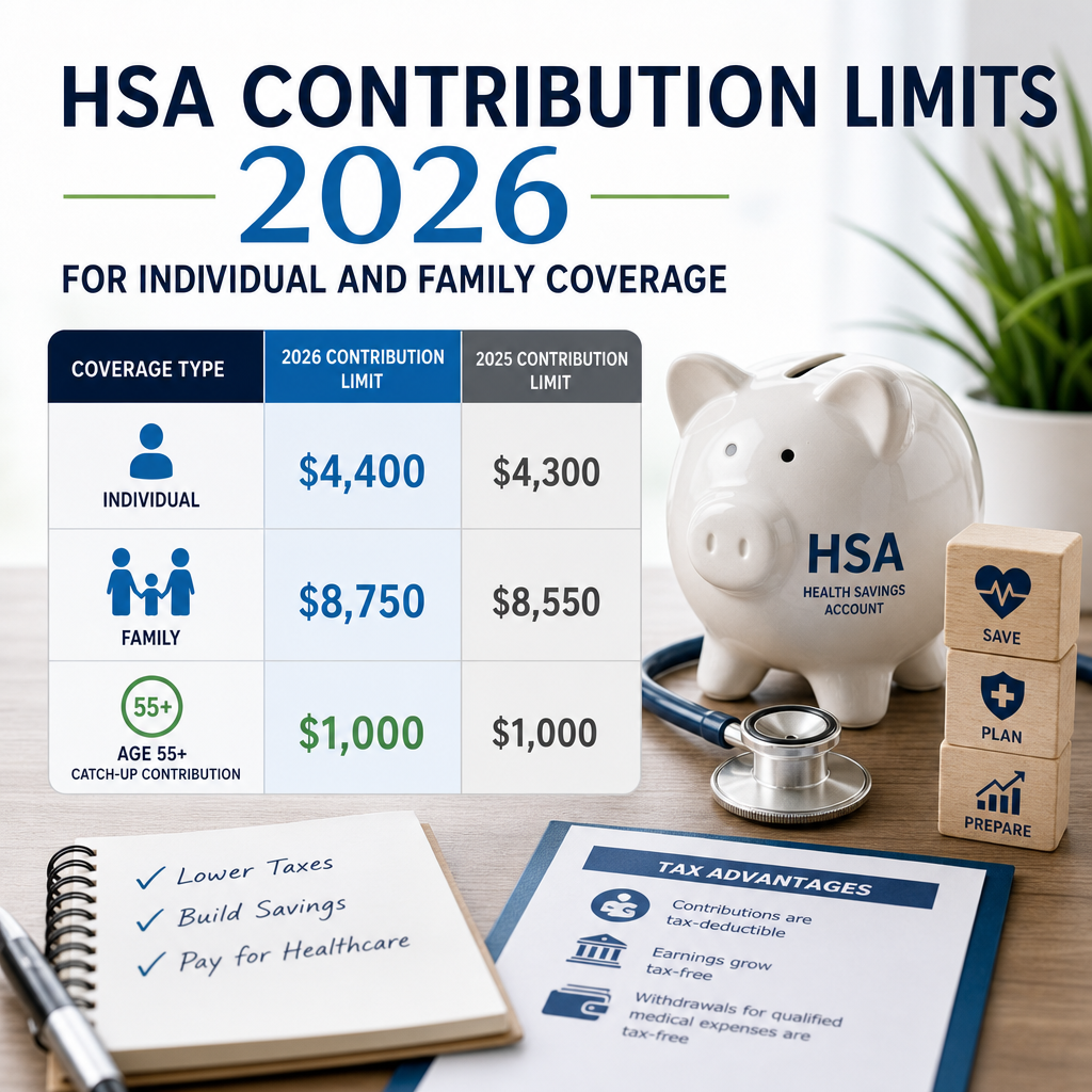 Chart of 2026 HSA contribution limits for individual and family coverage, with catch-up amounts and tax benefits