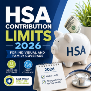 Piggy bank and stethoscope beside 2026 HSA contribution limits for individual and family coverage