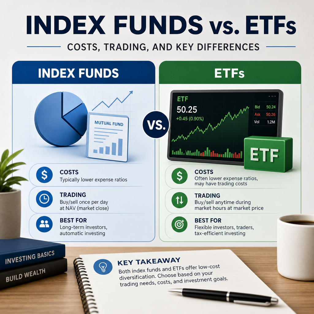 Comparison infographic of index funds vs ETFs showing costs, trading, and key differences