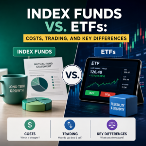 Comparison infographic of index funds vs ETFs, showing costs, trading, and key differences.