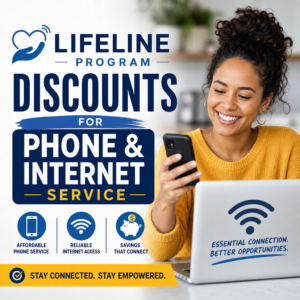 Smiling woman using phone and laptop promoting Lifeline Program discounts for phone and internet service
