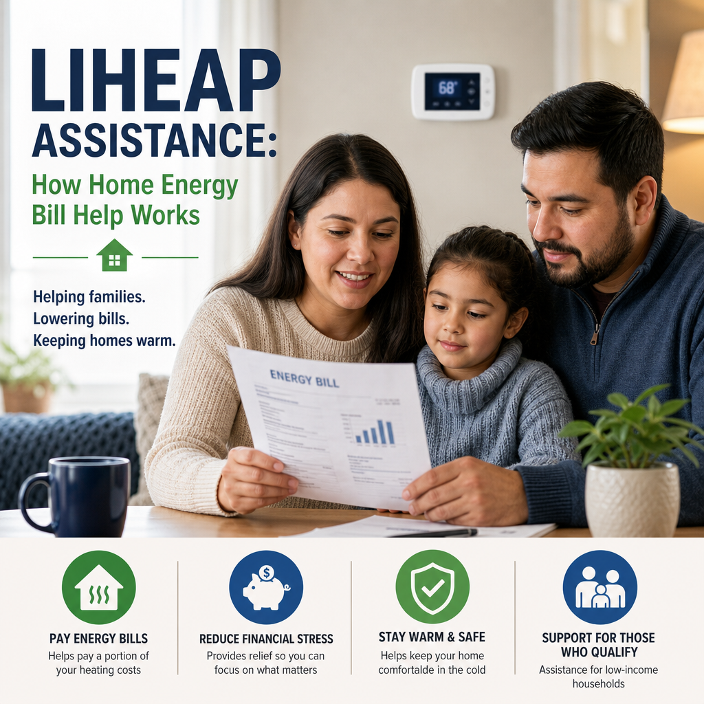 Family reviewing an energy bill with LIHEAP assistance information for home energy bill help
