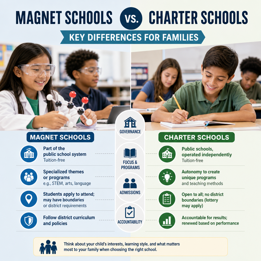Comparison infographic of magnet schools vs. charter schools for families