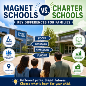 Comparison infographic of magnet schools vs charter schools for families, highlighting key differences in enrollment and mana