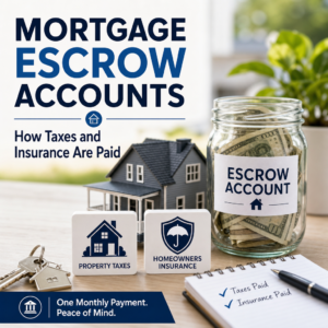 Mortgage escrow accounts showing monthly payments covering property taxes and homeowners insurance