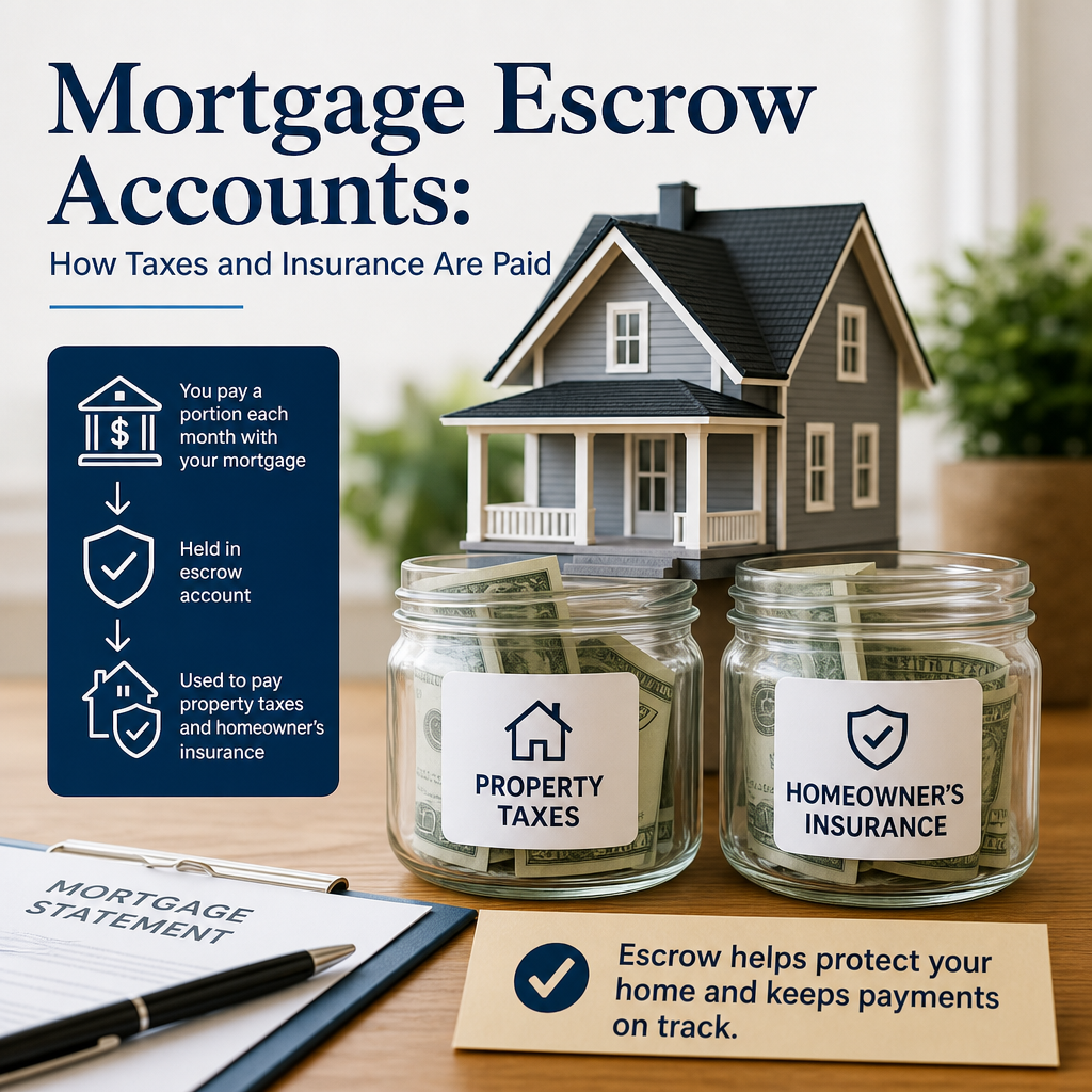 Infographic showing mortgage escrow accounts paying property taxes and homeowners insurance from monthly payments
