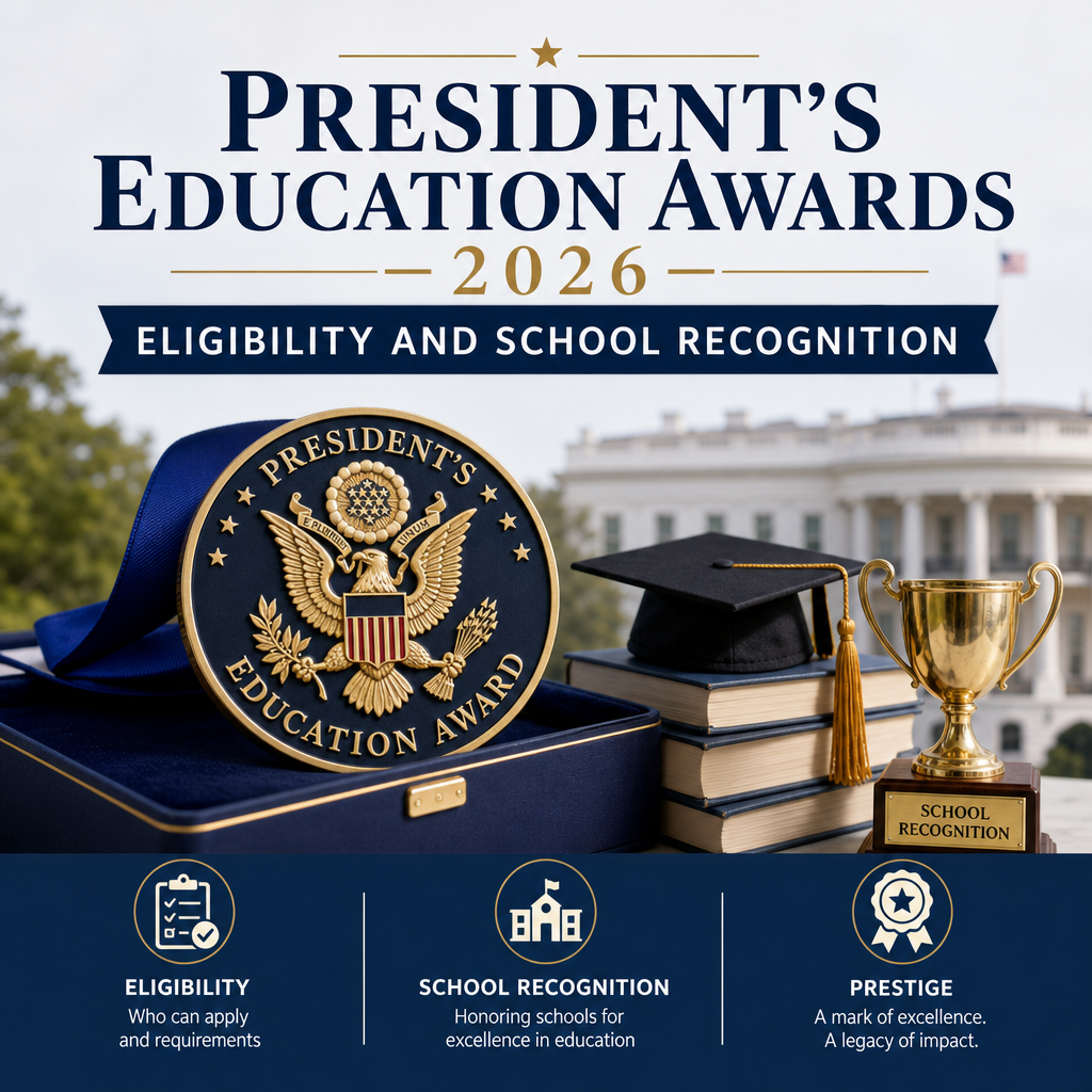 President’s Education Awards medal, books, graduation cap, and trophy symbolizing student achievement and recognition