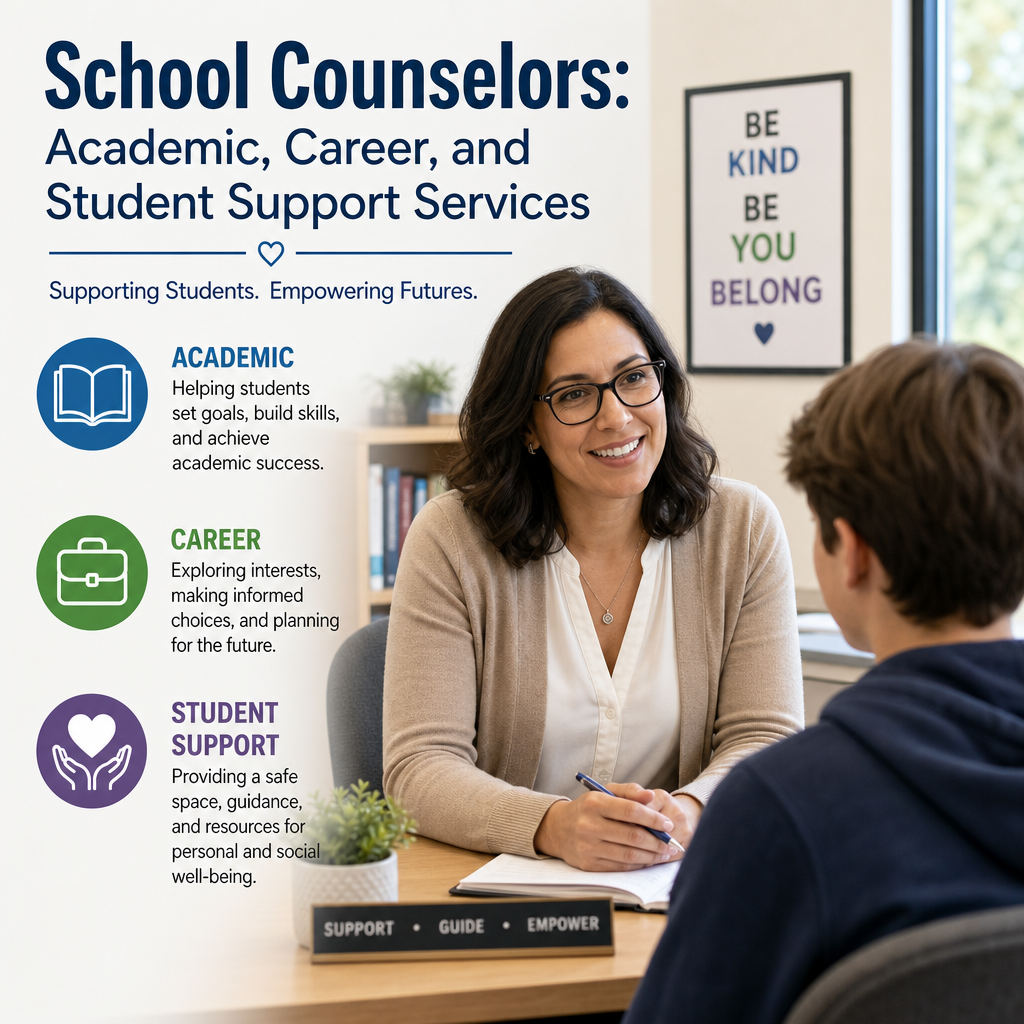 School counselor meeting with a student, offering academic, career, and emotional support.