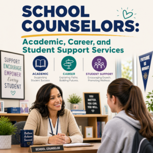 School counselors supporting students with academic, career, and personal guidance in a school setting