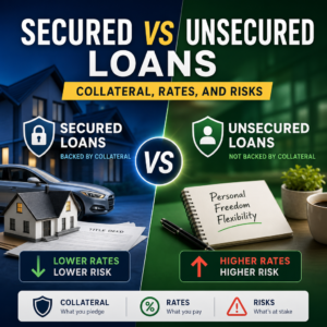 Comparison infographic of secured and unsecured loans showing collateral, rates, and risks