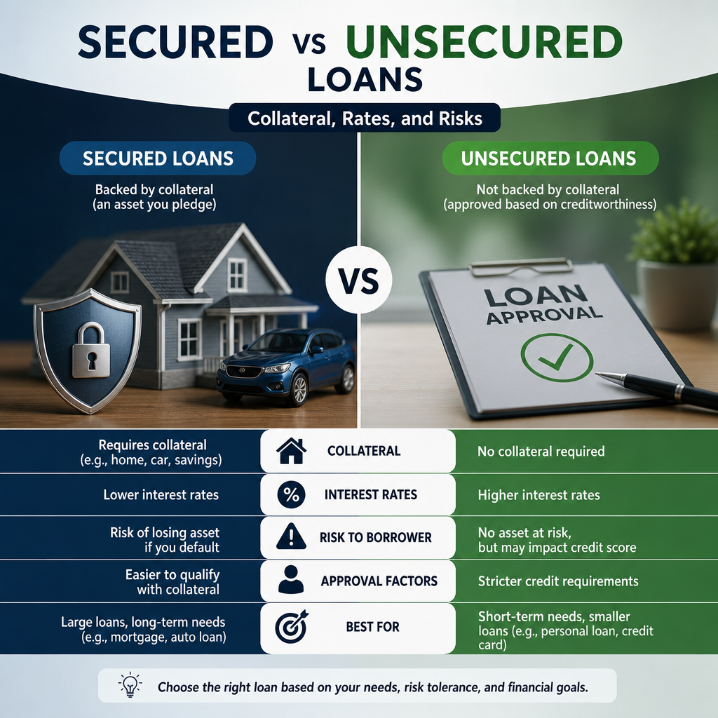 Comparison infographic of secured vs unsecured loans showing collateral, rates, risks, and borrower requirements