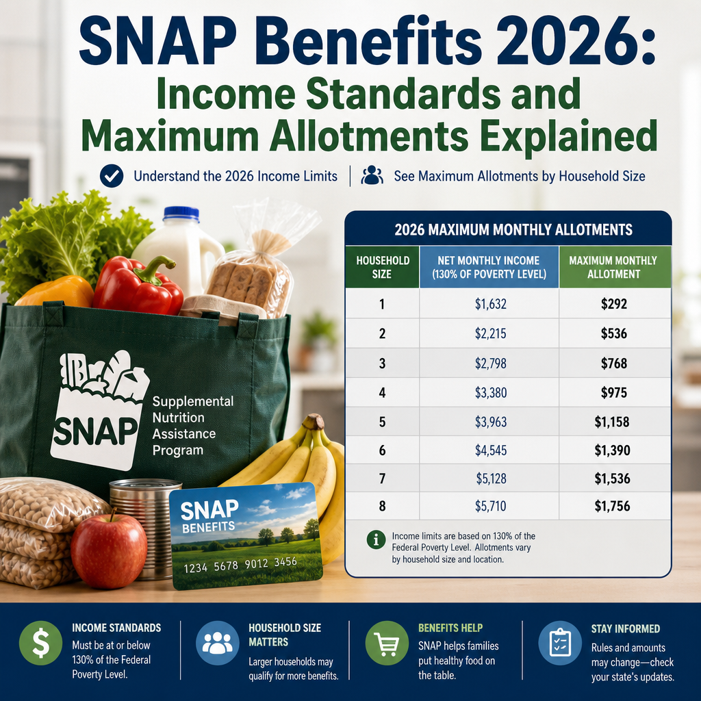 SNAP Benefits 2026 guide showing income limits and monthly allotments by household size