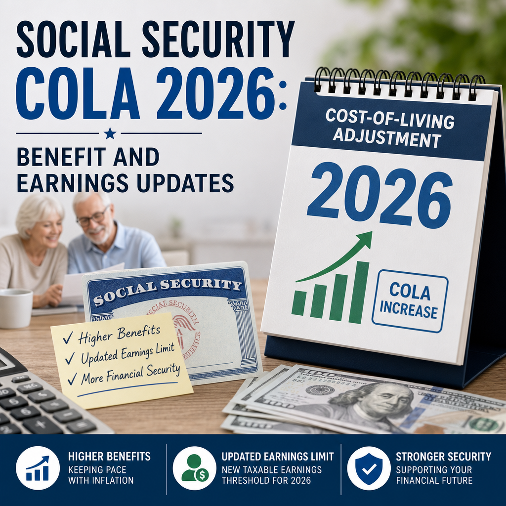 Social Security COLA 2026 graphic showing higher benefits, updated earnings limit, and stronger financial security