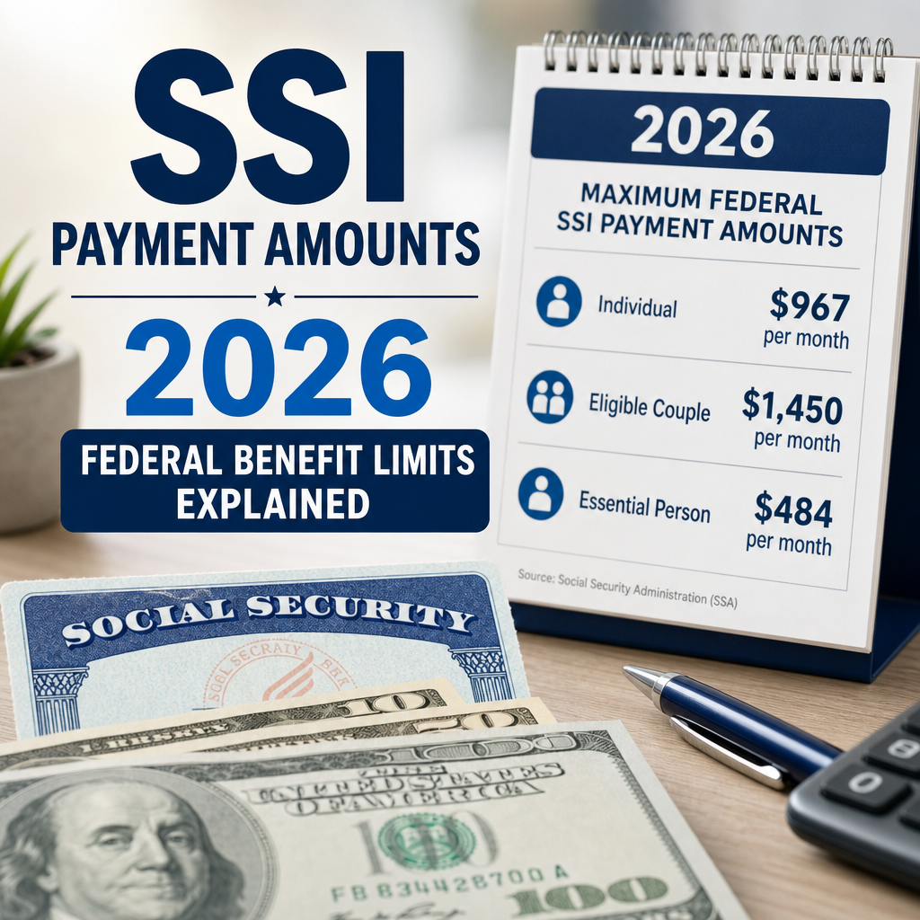 Social Security card and money illustrating 2026 SSI payment amounts and federal benefit limits