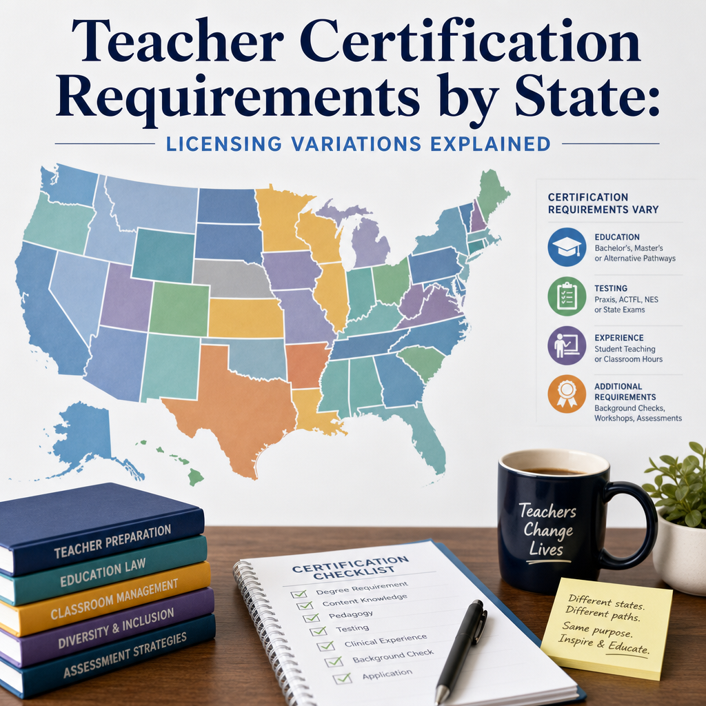 U.S. map showing teacher certification requirements by state and key licensing variations.