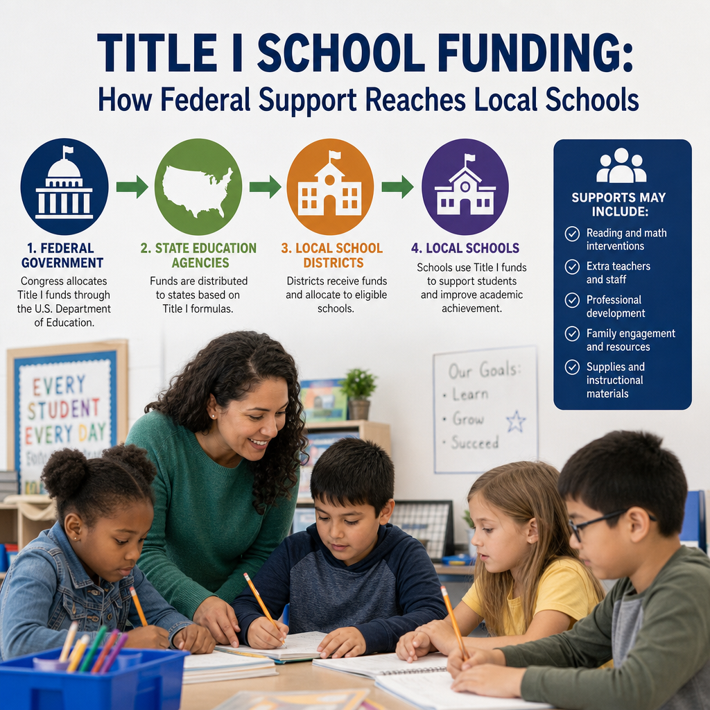 Infographic showing Title I school funding flow from federal government to states, districts, and local schools