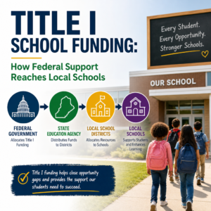 Infographic showing Title I school funding flowing from the federal government to local schools and students
