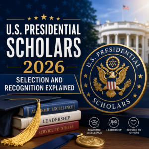 Illustration of U.S. Presidential Scholars selection, with academic excellence, leadership, and service icons.