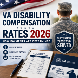 Illustration of VA disability compensation rates 2026 showing payment factors for veterans and dependents