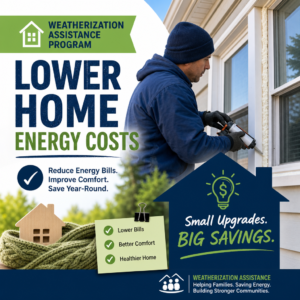 Man sealing a window to reduce drafts and lower home energy costs through weatherization assistance