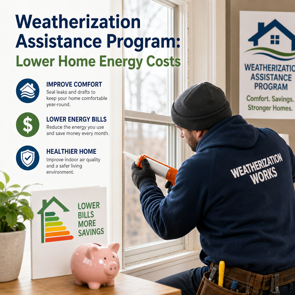 Worker installing weatherstripping on a window to help lower home energy costs through weatherization assistance