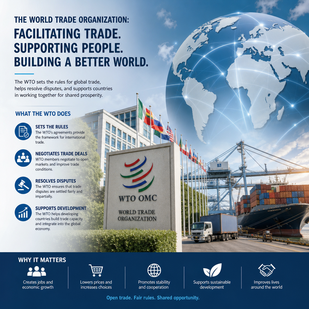 Infographic showing the World Trade Organization’s role in global trade, development, and international cooperation.