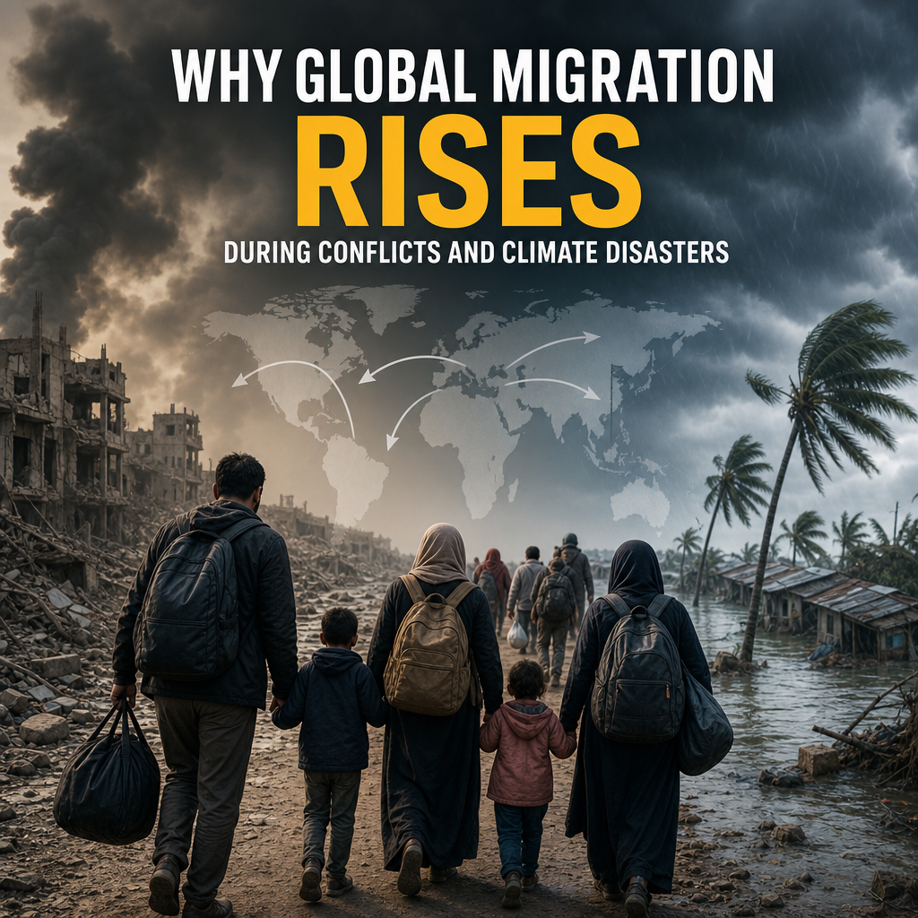 People moving with luggage amid war and flooding, showing global migration during conflict and climate disasters