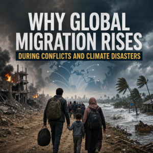 Illustration of global migration driven by war and climate disasters, showing conflict and flooding impacts