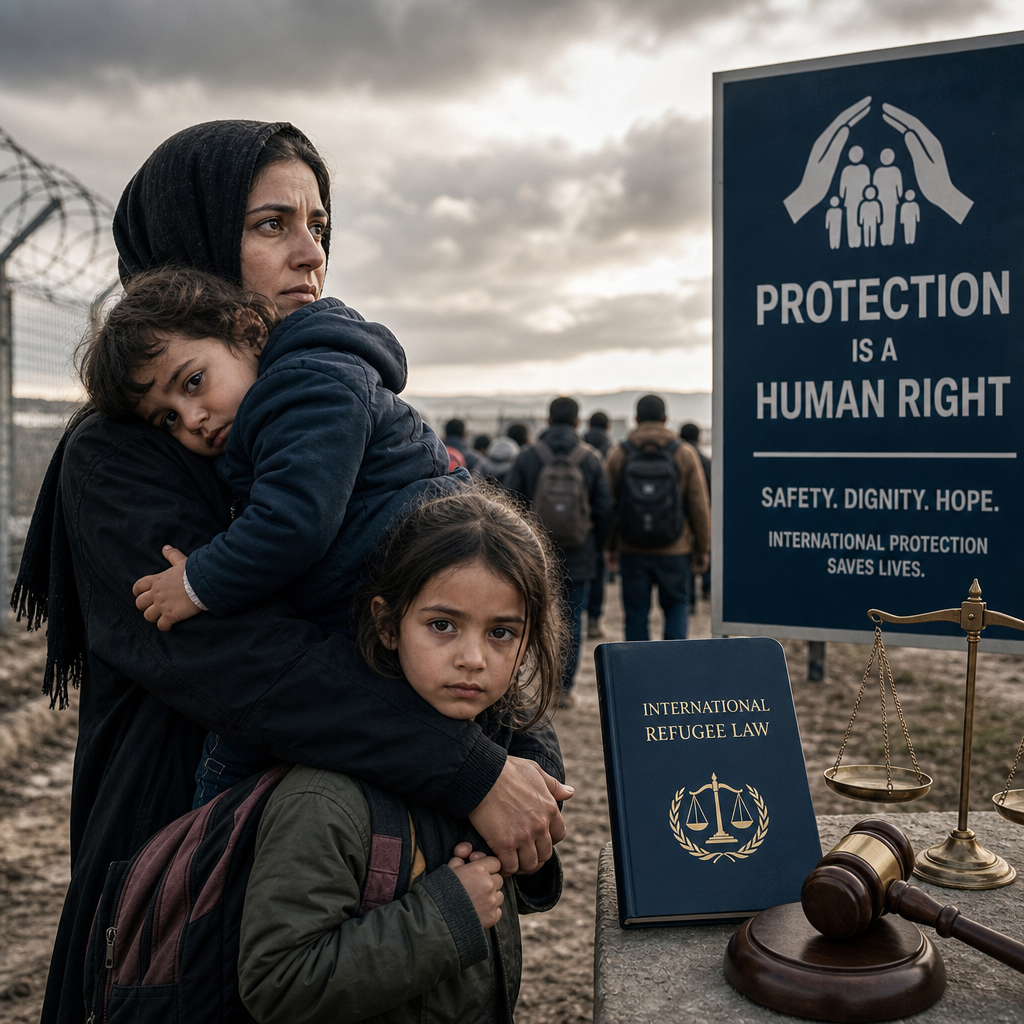 Refugee mother and children at an international refugee law awareness event about protection and rights