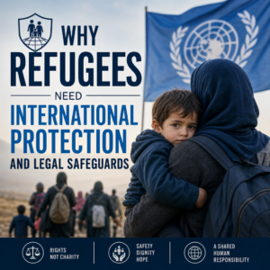 Refugees seeking protection at a border, symbolizing legal safeguards, safety, and human rights