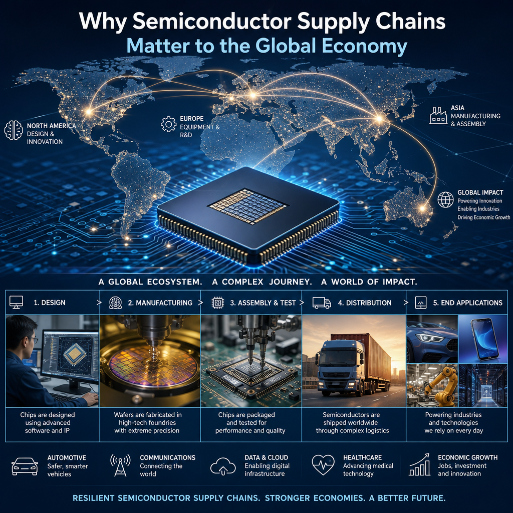 Global semiconductor supply chain connecting design, manufacturing, assembly, distribution, and end uses worldwide