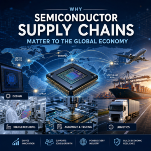 Infographic showing semiconductor supply chain stages: design, manufacturing, assembly, testing, and logistics.