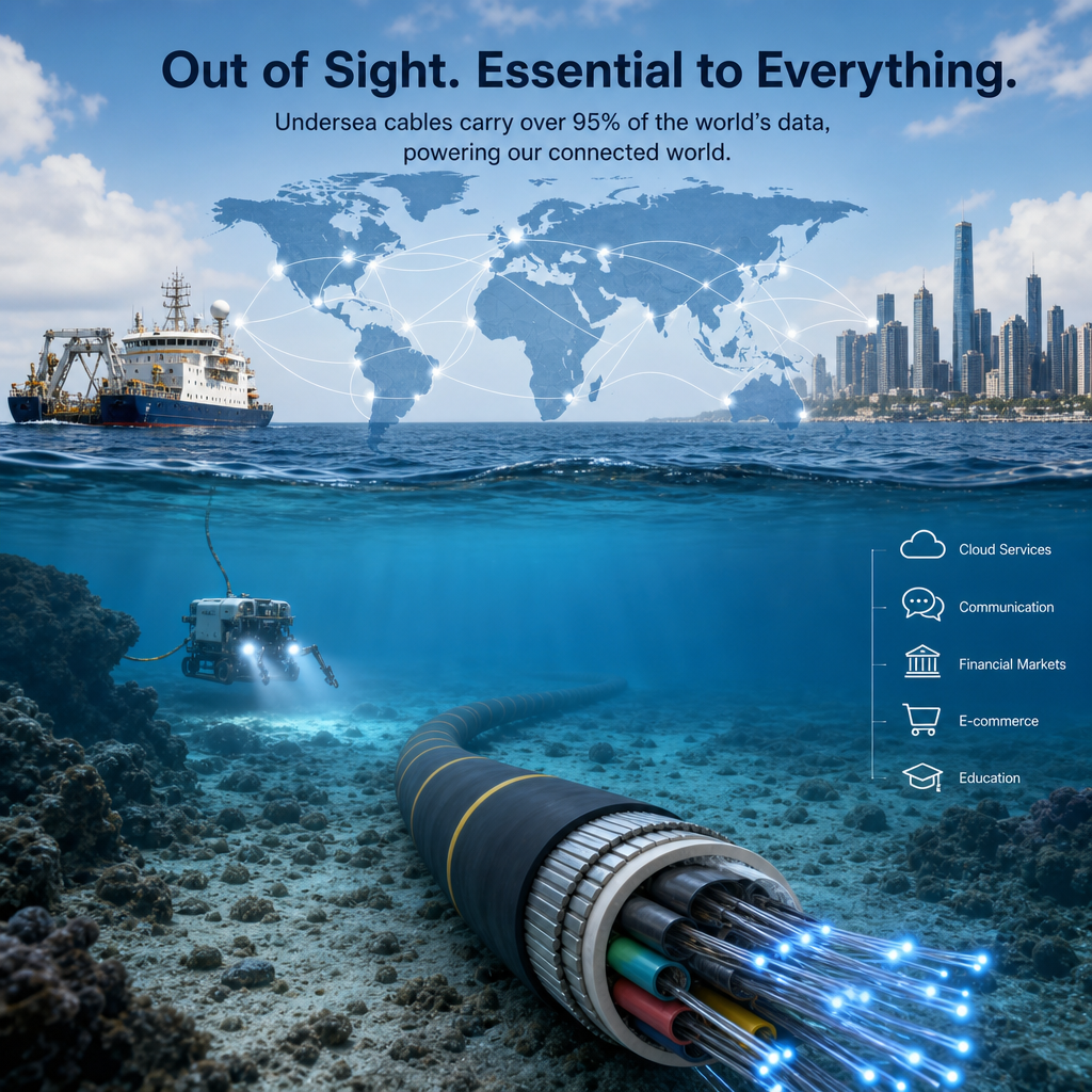 World map with undersea internet cables linking continents for global data and communications