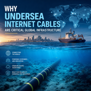 Undersea internet cables on the ocean floor connecting continents and carrying global data traffic