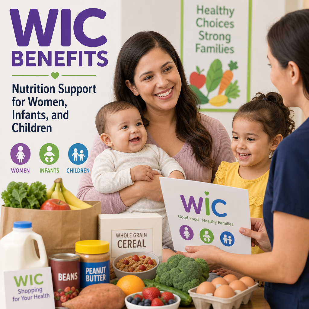 WIC benefits card showing healthy foods for women, infants, and children