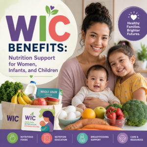WIC benefits card with healthy foods, breastfeeding support, and care for women, infants, and children